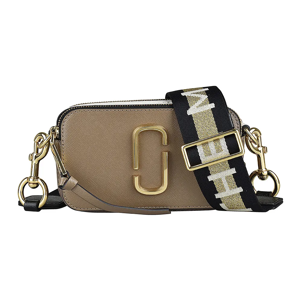 【MARC JACOBS】MARC JACOBS  Snapshot金字LOGO防刮牛皮拼色雙層拉鍊斜背相機包(法國灰x褐x白)