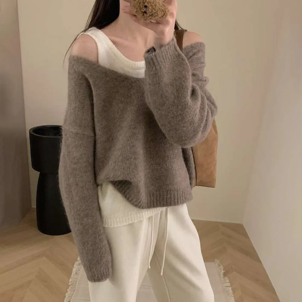 【D.studio】韓版寬鬆V領慵懶風針織上衣+針織背心(毛衣 長袖上衣 女裝 衣服 發熱衣 保暖上衣 冬裝 W526)