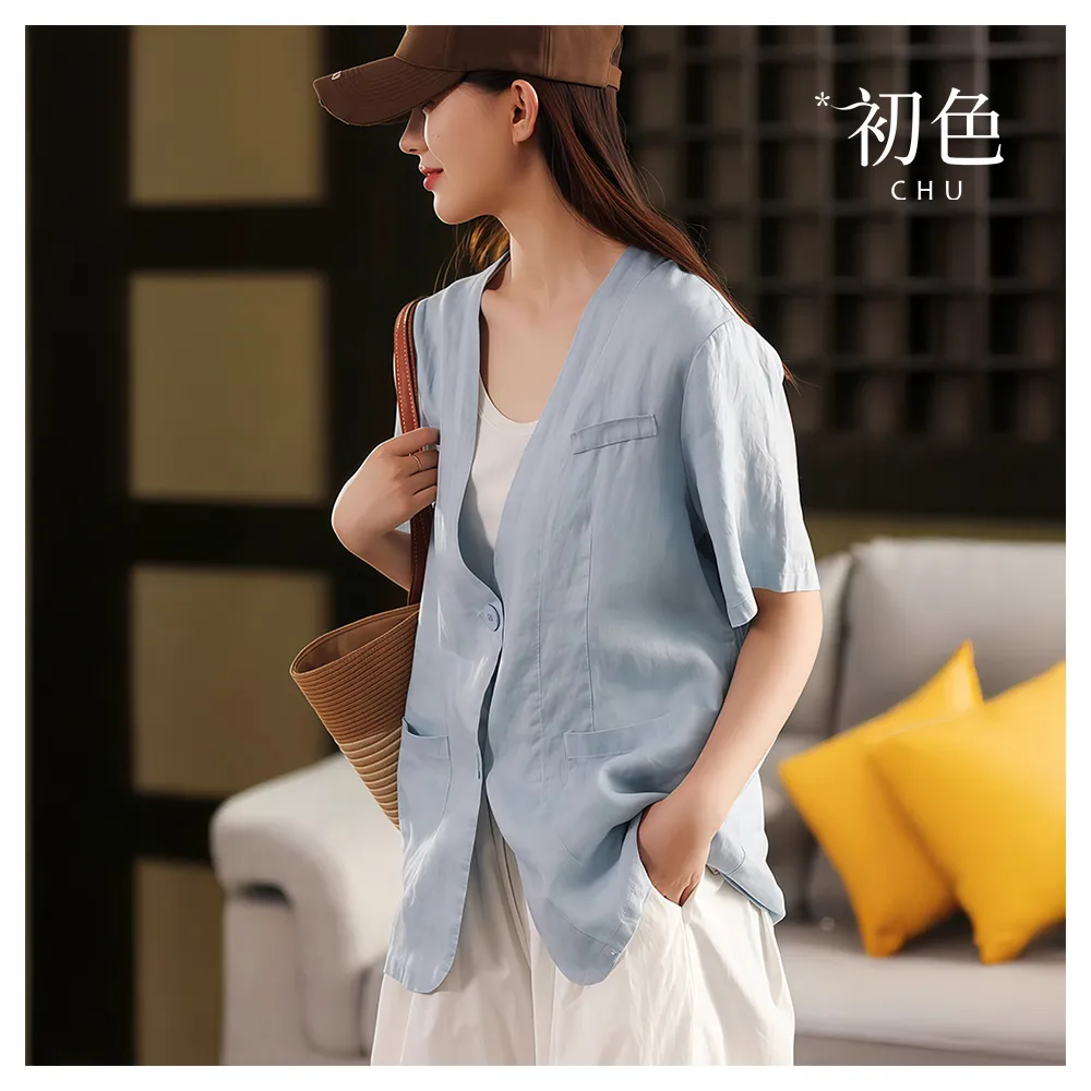 【初色】棉麻風V領短袖單排釦大口袋西裝外套女外套-共3色-14792(M-2XL可選)