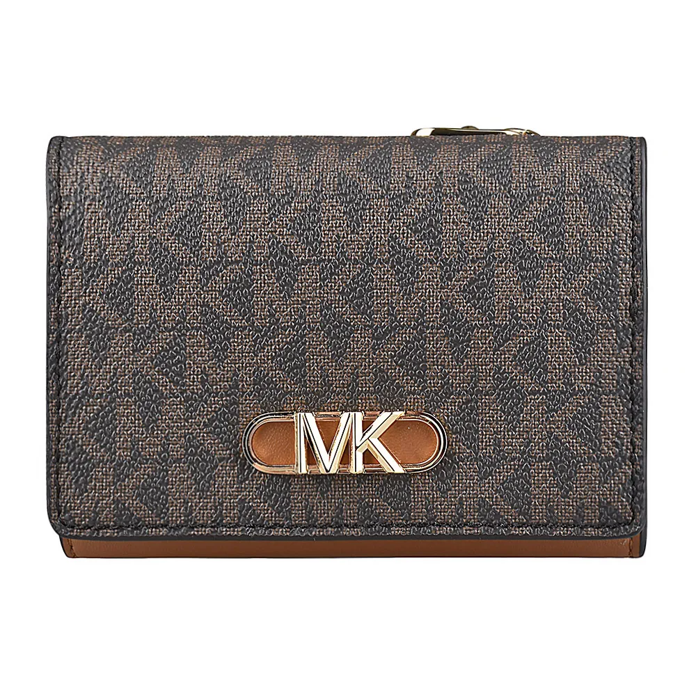 【Michael Kors】MK MICHAEL KORS PARKER縮寫LOGO印花PVC 4卡三折釦式短夾(橡子棕x深褐)