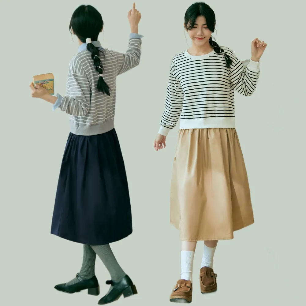 【OB 嚴選】日系假兩件橫條紋落肩衛衣拼接傘襬洋裝 《DA10249》