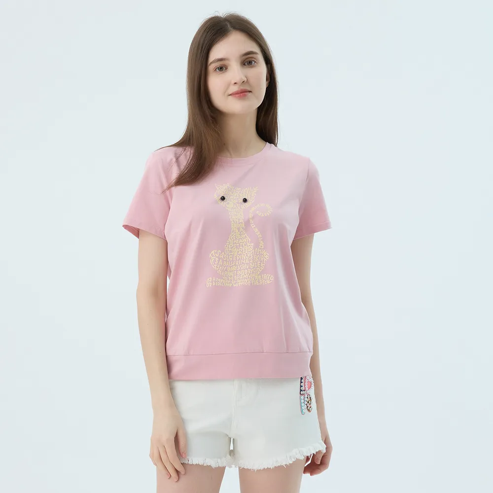 【Qiruo 奇若名品】春夏專櫃精品粉色短袖上衣4025A  貓咪女裝