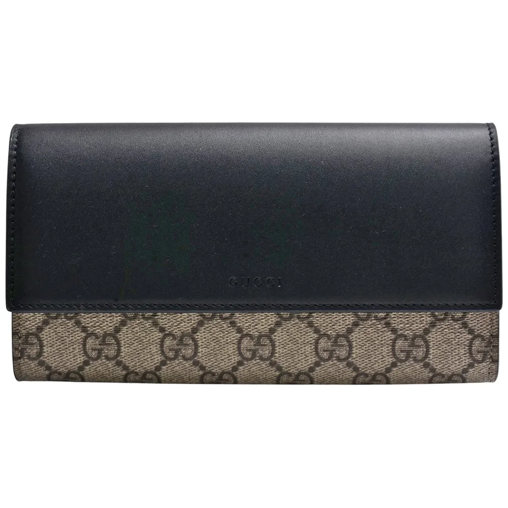 【GUCCI 古馳】GUCCI 經典GG Supreme印花帆布牛皮飾邊暗釦長夾(米色/黑色779785-KHNKG-9769)