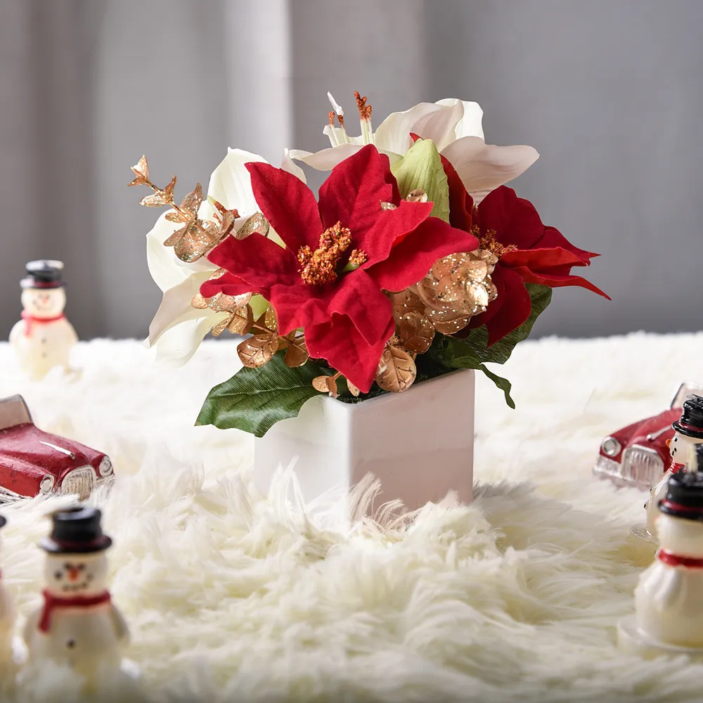 【Meric Garden】高仿真台灣手工限定白雪聖誕紅小盆栽1入組(人造聖誕 聖誕裝飾 聖誕禮盒 交換禮物)