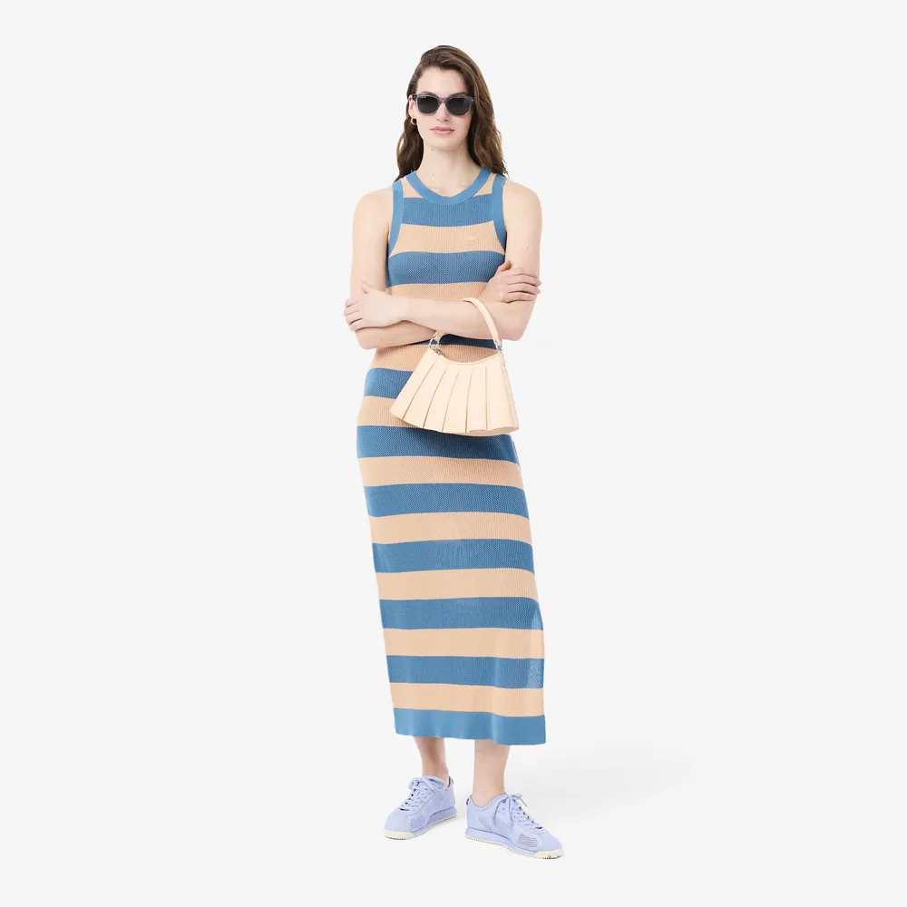 【LACOSTE】女款-活力盛夏修身長版無袖洋裝(藍色/淺粉紅色)