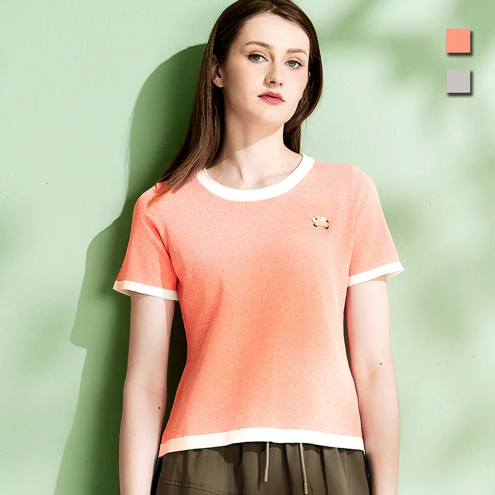 【TOWN’WEAR 棠葳】刺繡小馬撞色針織衫 2色(女上衣/女上著/短袖/拼接/休閒)