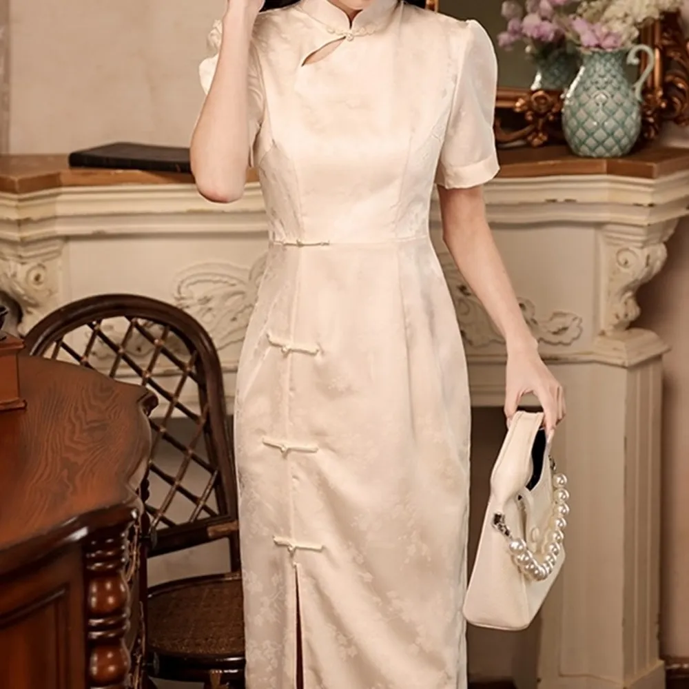 【巴黎精品】現貨+預購 女新中式旗袍連身裙改良旗袍A字裙長裙大碼洋裝休閒大尺碼女裝(緞面開衩3色a1gc13)