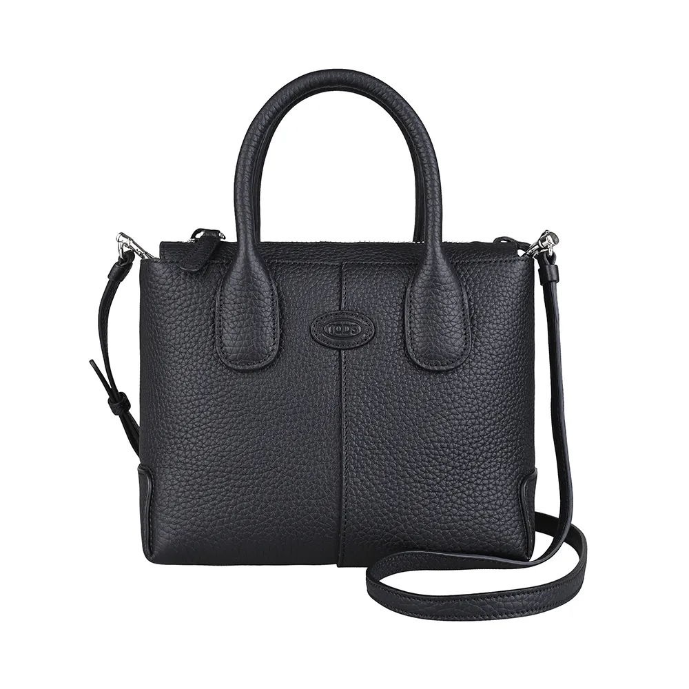 【TOD’S】TODS Di Bag 圓形皮標LOGO小牛皮內搭麂皮拉鍊斜背兩用托特包(迷你/黑)