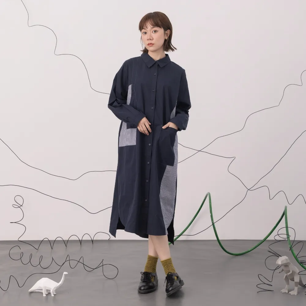 【MOSS CLUB】條紋面料拼接重組假背心長袖襯衫長版洋裝(藍 綠 杏)