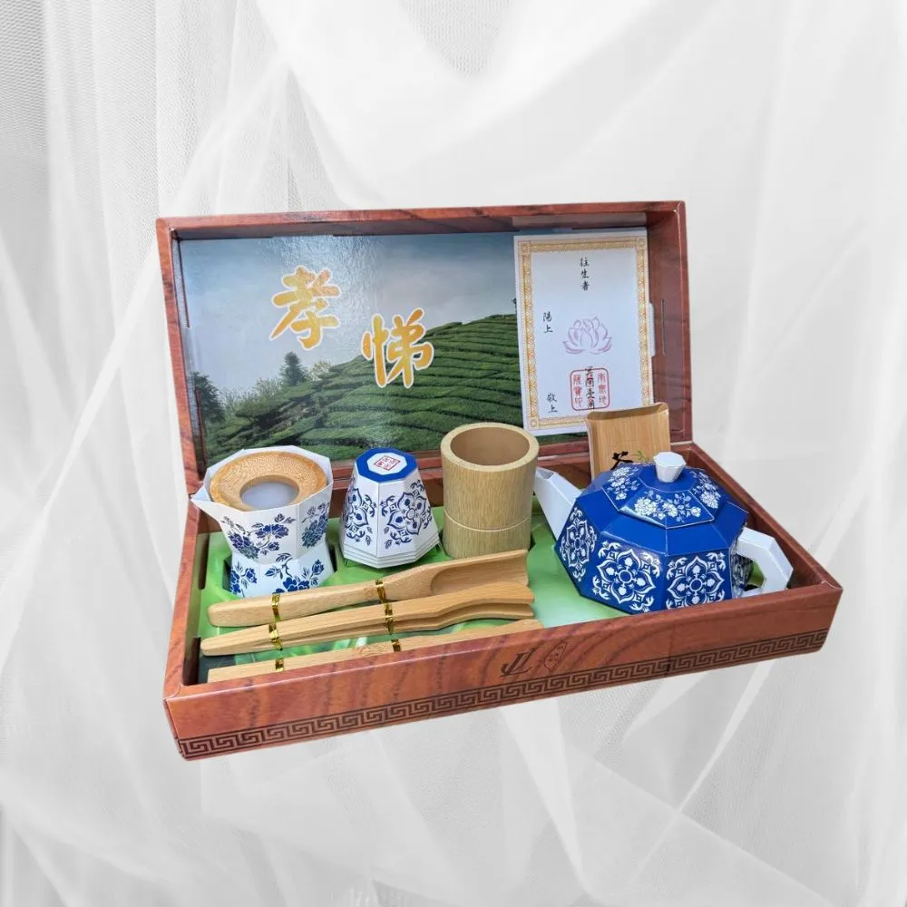 【上芳香業】金紙 紙紮用品 頂級茶具組 不含茶葉 青花瓷 紙紮泡茶組(附封條 天堂茶具 茶道 品茶組)