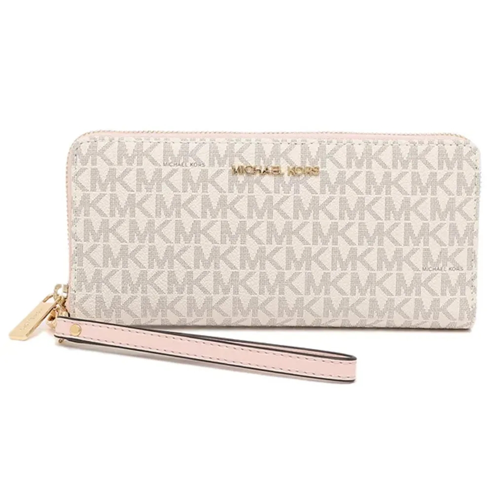 【Michael Kors】滿版LOGO皮革長夾-白粉(現貨)
