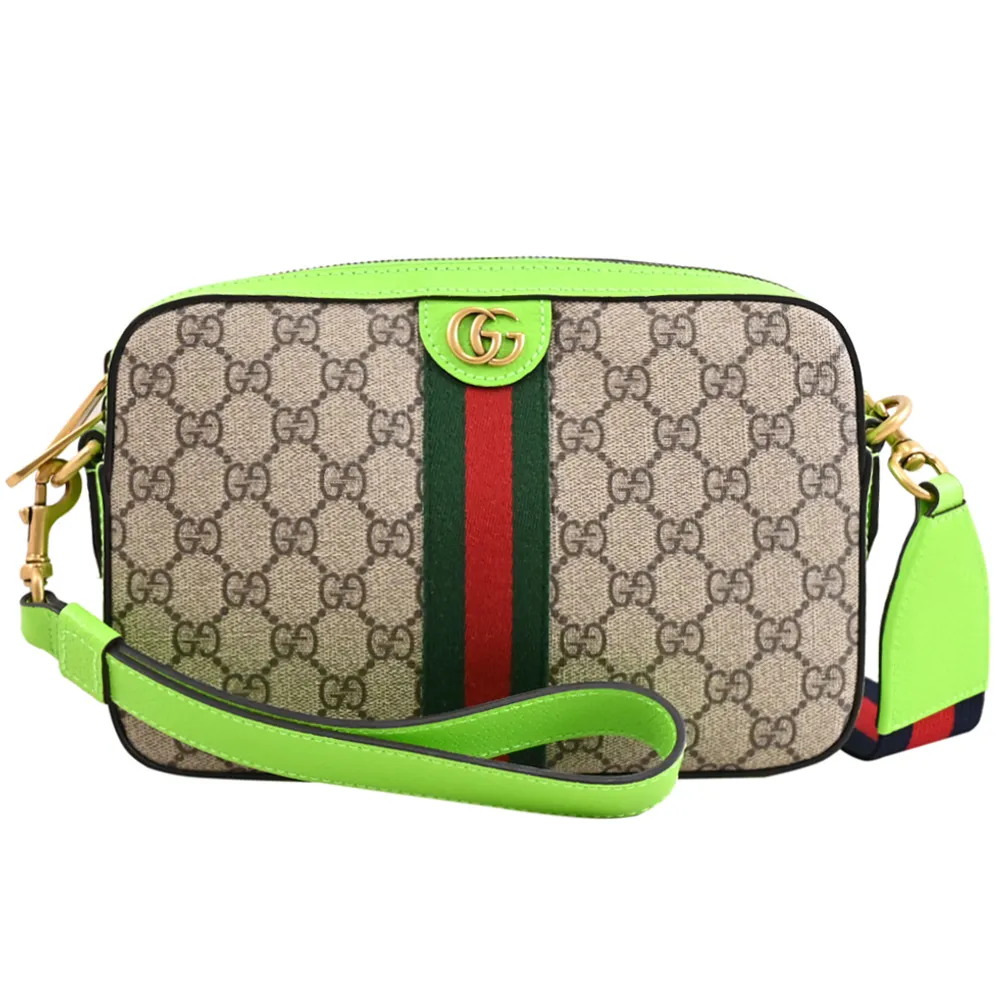 【GUCCI 古馳】Ophidia 典雙G印花織帶條紋手提包斜背包兩用包(駝)