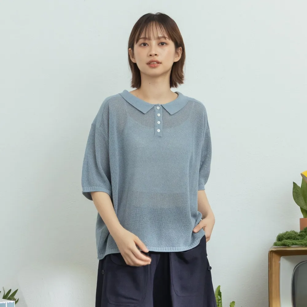 【MOSS CLUB】知性休閒半開襟排釦立體鏤空五分袖針織上衣