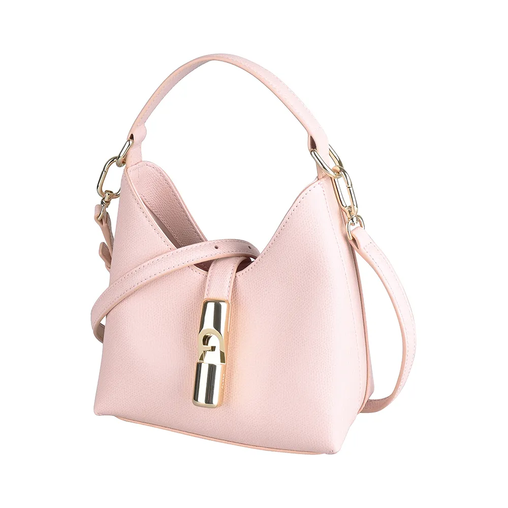 【FURLA 芙拉】FURLA Iride系列背面燙金LOGO小牛皮垂掛扣式手提/肩背/斜背梯形包(迷你/粉紅)