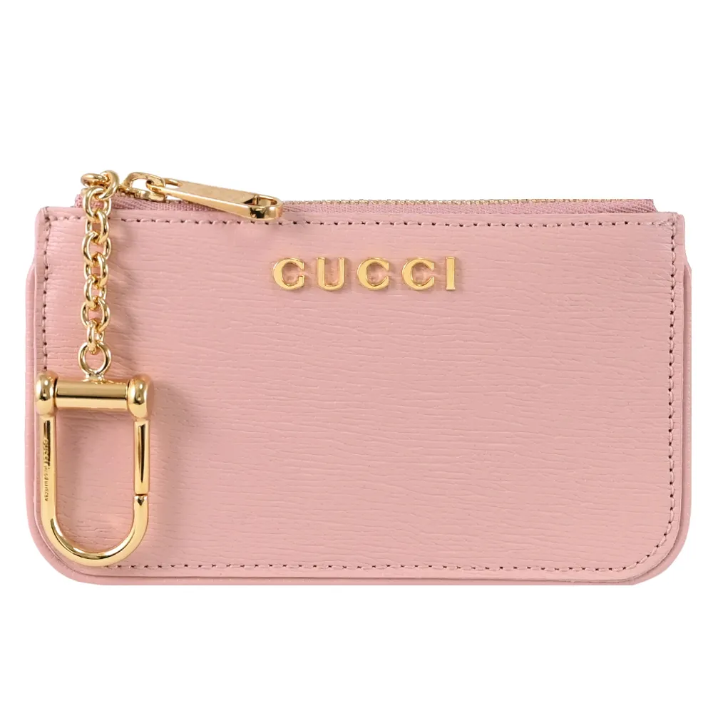 【GUCCI 古馳】Script 品牌金屬LOGO拉鍊鑰匙扣零錢卡包(粉)