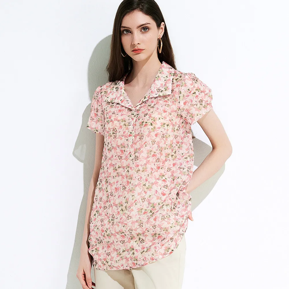 【TOWN’WEAR 棠葳】法式花繪開襟天絲棉上衣(中大尺碼/女上衣/女上著/短袖/長版/透膚)
