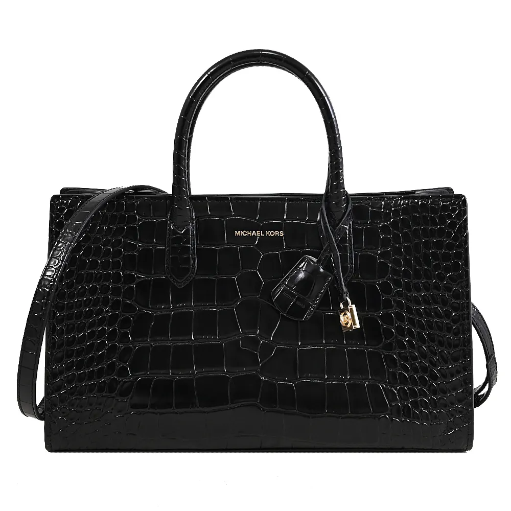 【Michael Kors】SCARLETT 品牌鎖頭吊飾鱷魚壓紋小包兩用包(黑)