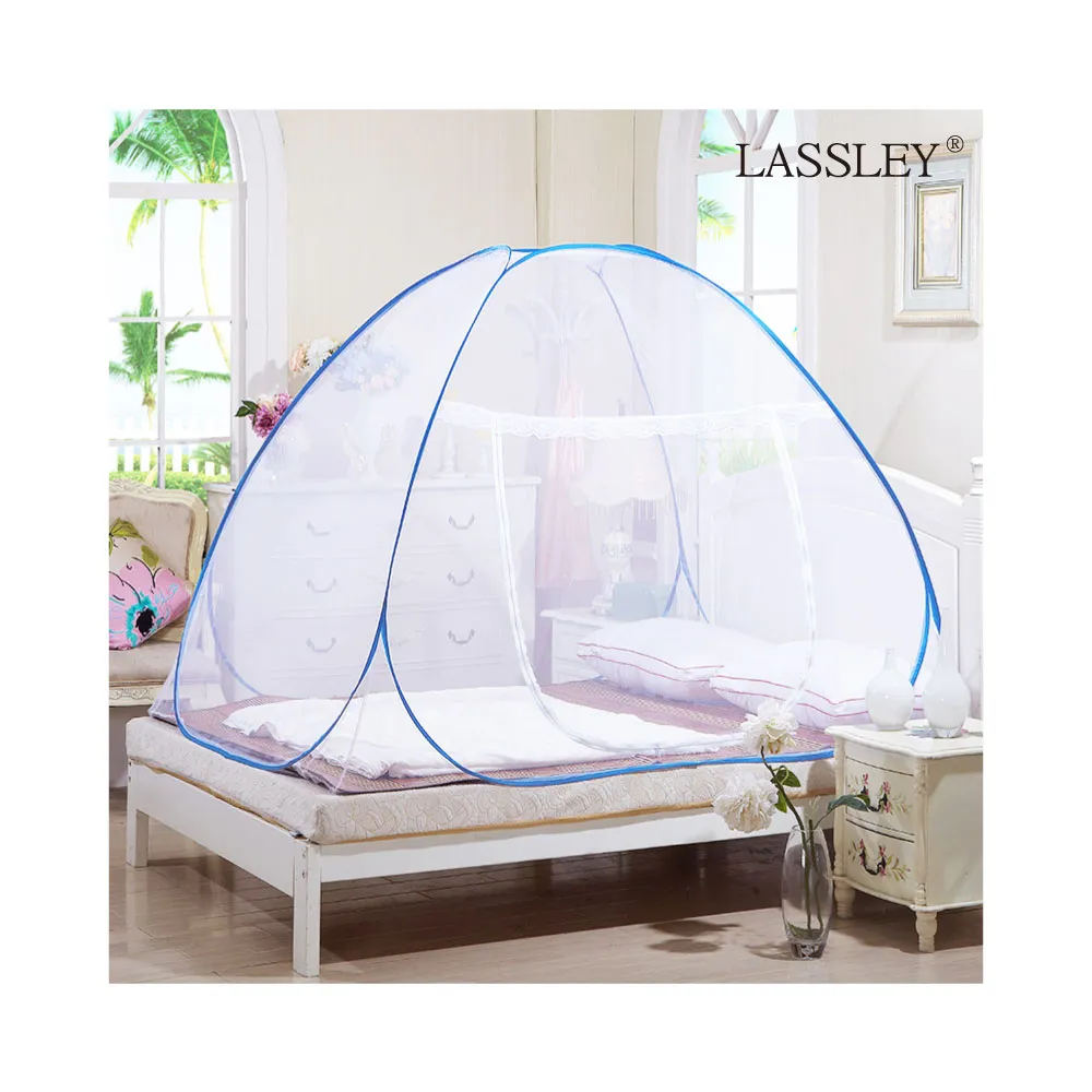 【LASSLEY】彈開式蒙古包蚊帳-雙人床(蚊帳 防蚊 帳棚 秒開 隔蚊簾 雙門 無底)