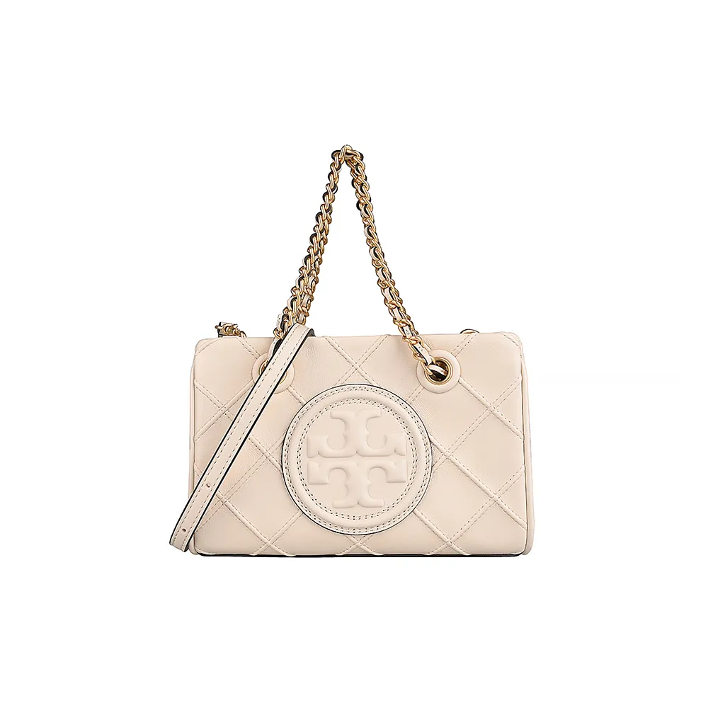 【TORY BURCH】FLEMING經典品牌LOGO菱格紋皮革手提斜背包(迷你/奶油)