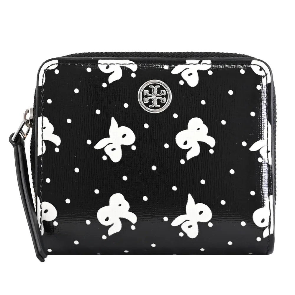 【TORY BURCH】金屬雙T蝴蝶結圓點壓紋皮革扣式零錢短夾(黑)