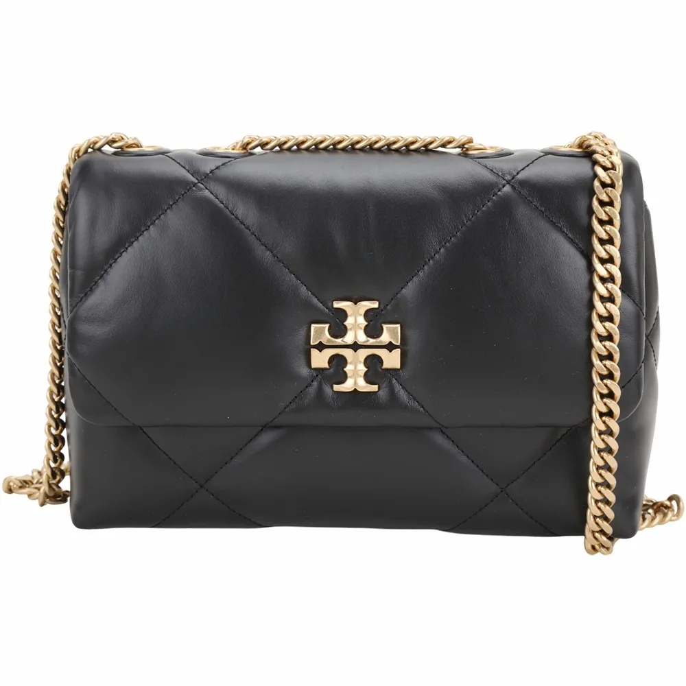 【TORY BURCH】Kira 雙T標誌菱格絎縫牛皮翻蓋肩 斜背鏈帶包 小款-黑色