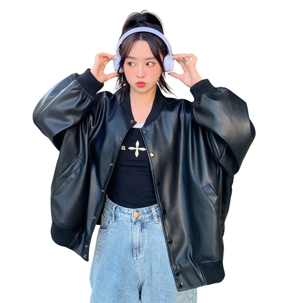 【米蘭精品】現貨+預購 皮衣外套棒球夾克(刺繡寬鬆防風立領女外套2色74dk15)