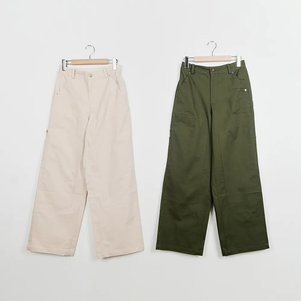 【MOSS CLUB】半腰鬆緊直筒工裝長褲(綠 杏)