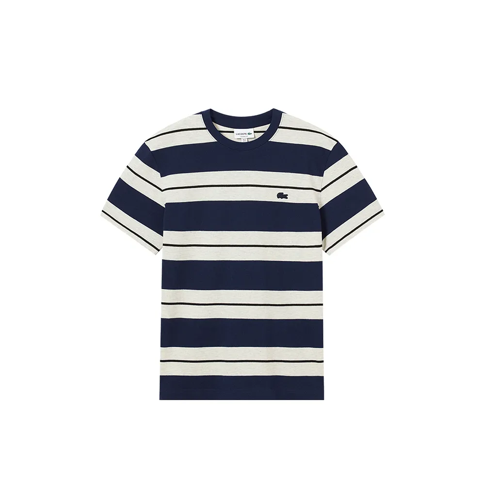 【LACOSTE】男款-經典條紋圓領短袖T恤(海軍藍/白色)