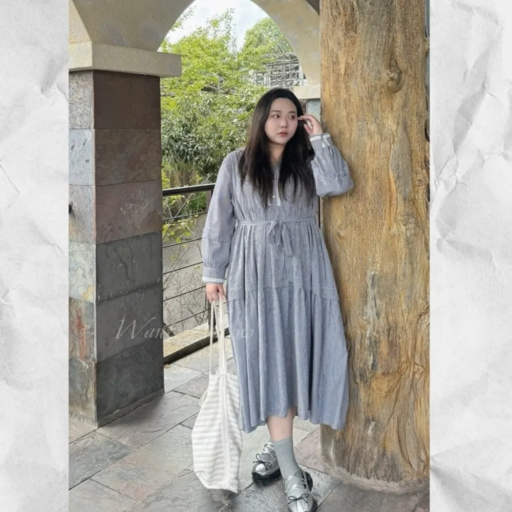 【Want-Meow】95公斤可穿/日系簡約顯瘦條紋長襯衫洋裝(大碼/大尺碼/加大碼/孕婦裝/長袖洋裝)