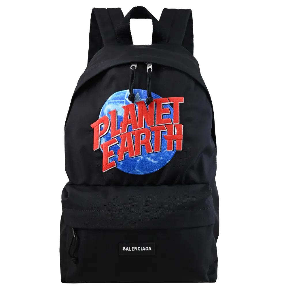 【Balenciaga 巴黎世家】Planet Earth 簡約LOGO地球圖案旅用包後背包(黑)