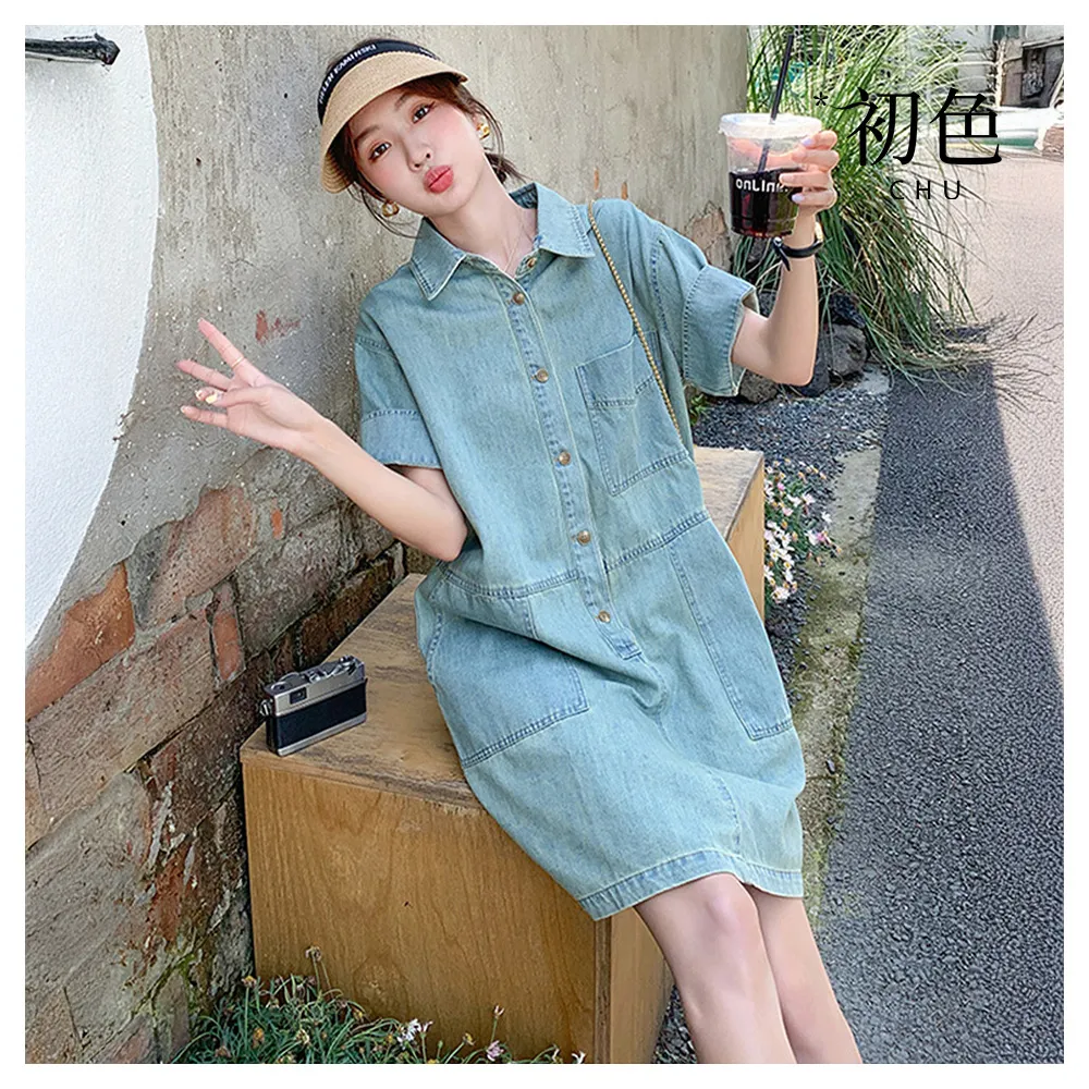 【初色】復古風牛仔薄款寬鬆顯瘦翻領短袖中長裙連衣裙連身洋裝長裙-淺藍色-50400(M-XL可選)