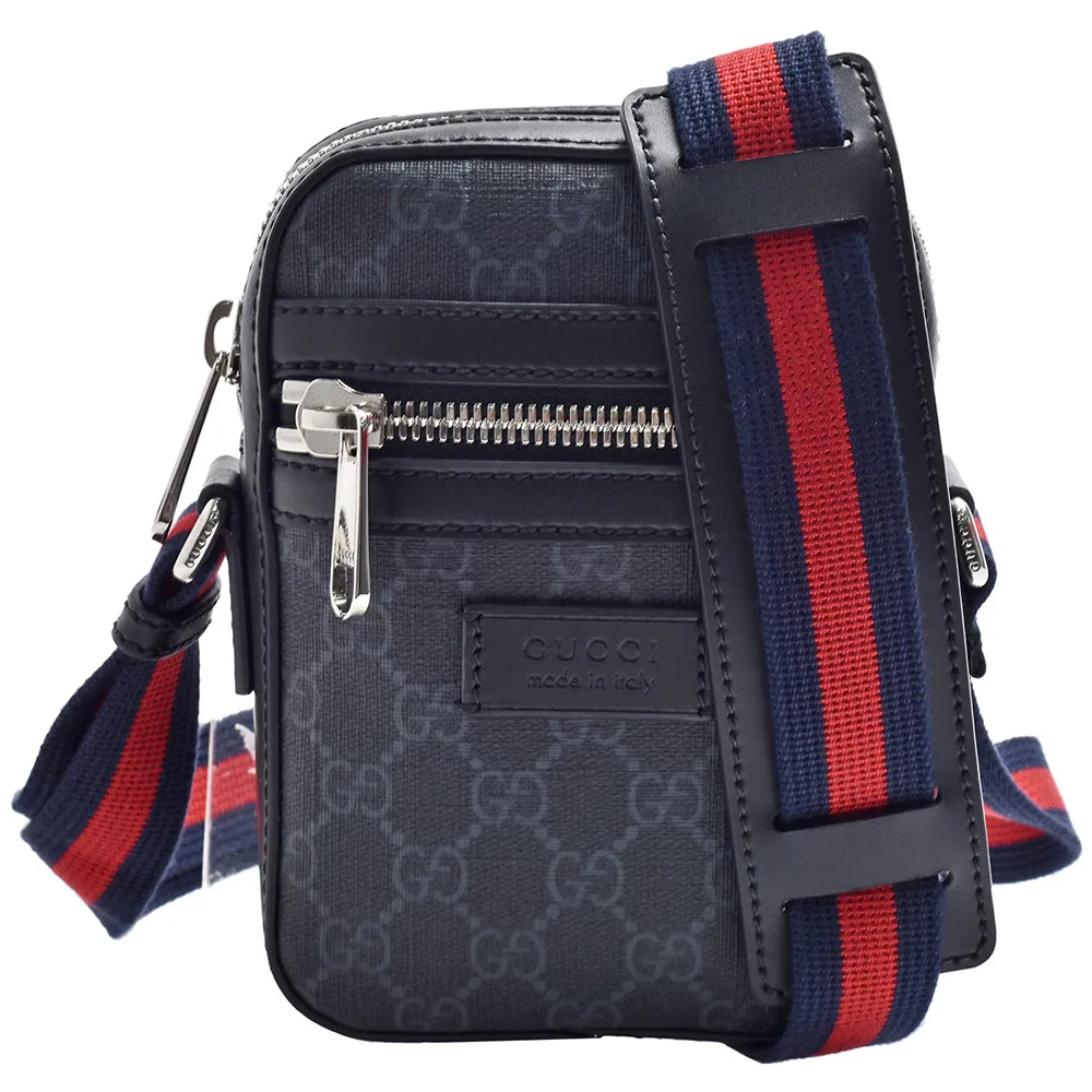 【GUCCI 古馳】經典GG Supreme帆布皮革飾邊藍紅藍織帶斜背包(黑682357-K5RLN-1095)