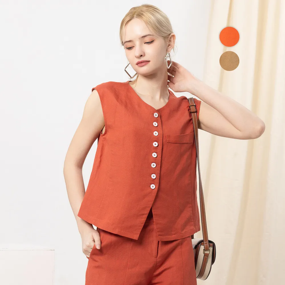 【MEDUSA 曼度莎】現貨-涼感排釦V領亞麻無袖背心 - 2色（M-XL）｜亞麻 夏季(601-5280A)