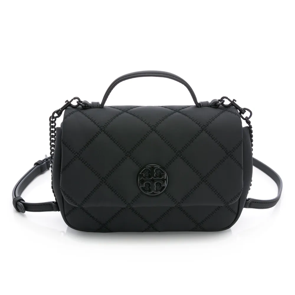 【TORY BURCH】Willa菱格紋手提/肩斜背兩用包(消光黑)
