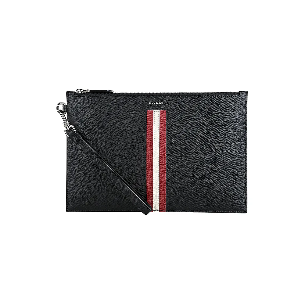 【BALLY】TENERY銀色金屬LOGO紅白條紋粒面牛皮拉鍊手拿包(黑)