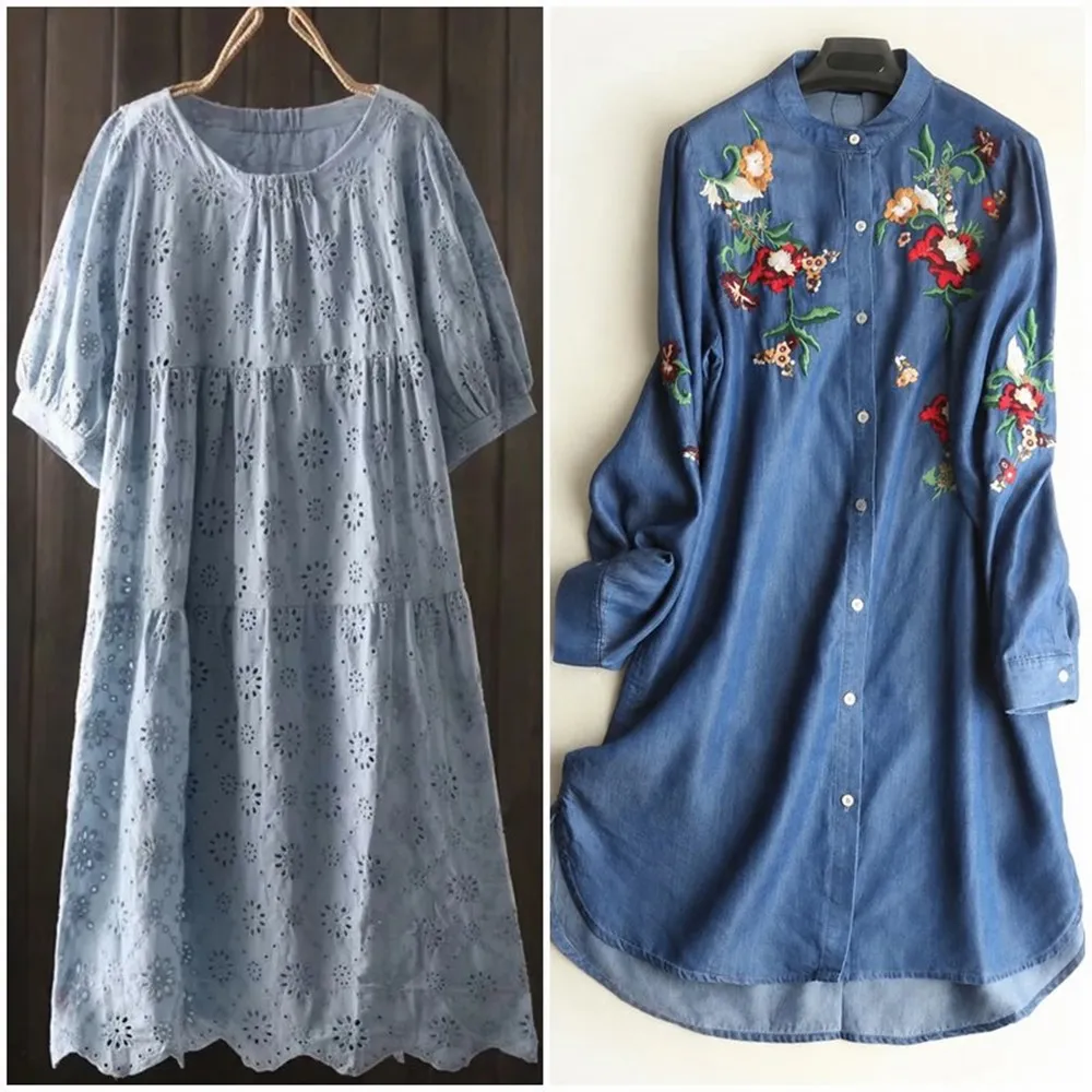 【巴黎精品】現貨+預購 連身裙寬鬆洋裝長裙連衣裙A字裙休閒大尺碼女裝(天絲刺繡鏤空女裙子11款a1ni1 B)