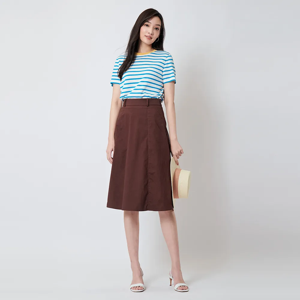 【KeyWear 奇威名品】對稱剪接A-Line中長裙