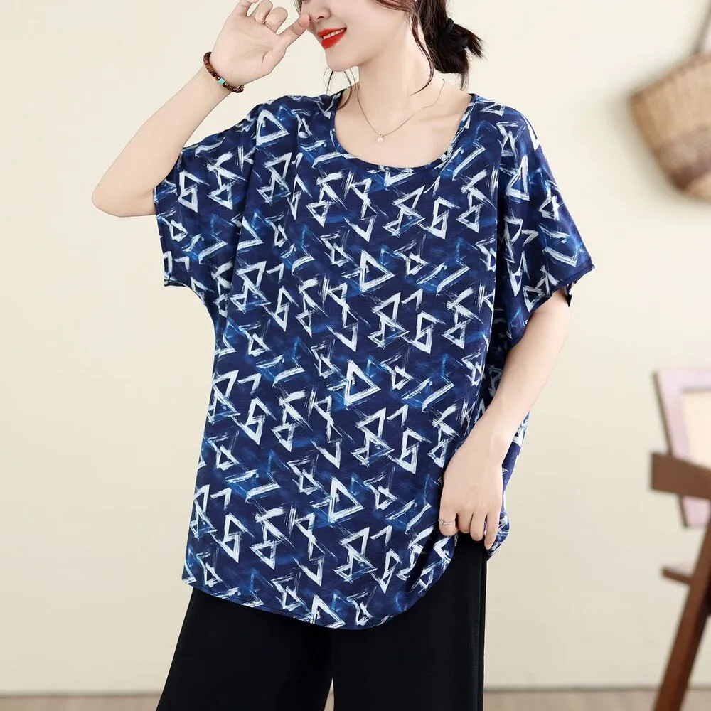【AKARA】冰絲涼感紗靛藍五分袖T恤上衣 大尺碼 L-3XL