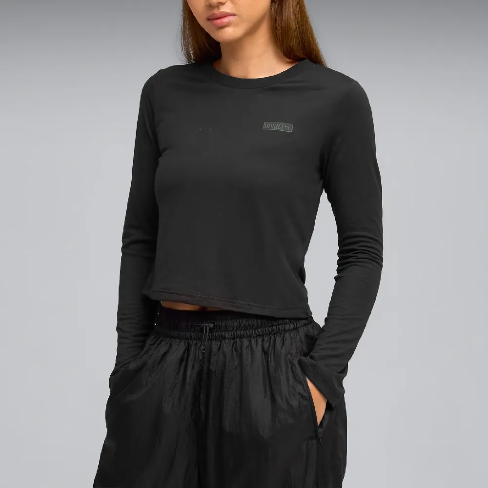 【PUMA】x ROSE 上衣 Long Sleeve Tee 女款 聯名 黑 合身 長袖 微短版 無小卡(633805-01)