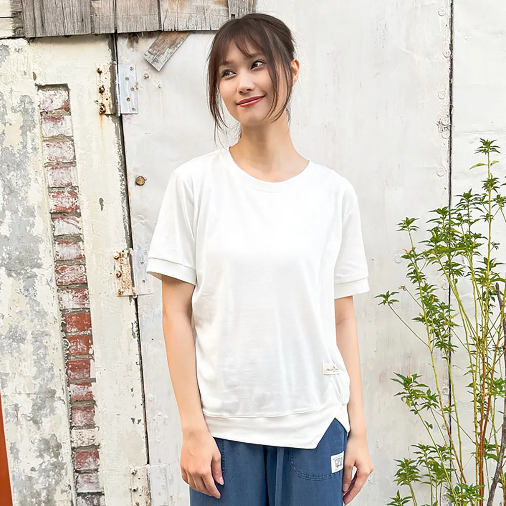 【Hana Mokuba】花木馬日系女裝圓領不對稱開叉素色簡約T恤(T恤)