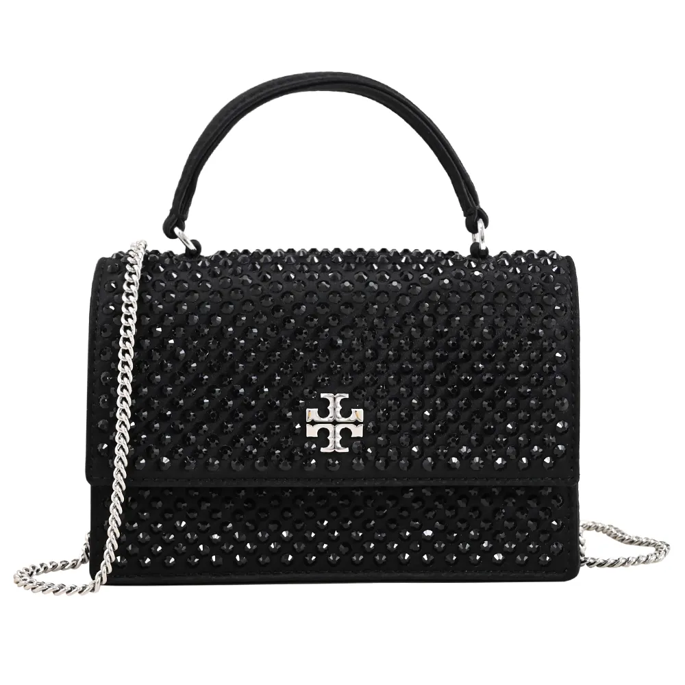 【TORY BURCH】KIRA 經典雙T LOGO滿版水鑽手提包兩用包(黑)
