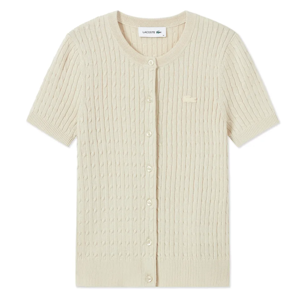 【LACOSTE】女款-名媛風絞花針織短袖開襟衫(卡其色)