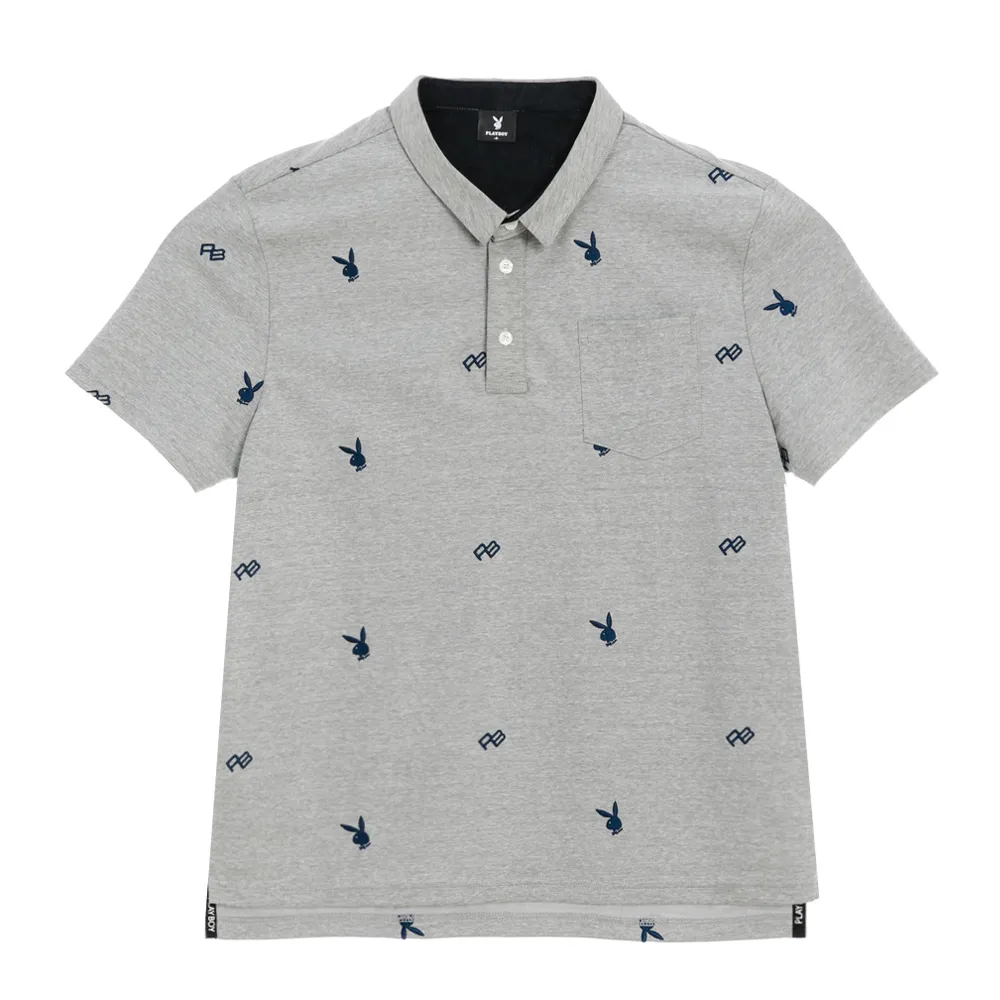 【PLAYBOY】滿版刺繡亨利領POLO衫 - 麻灰色