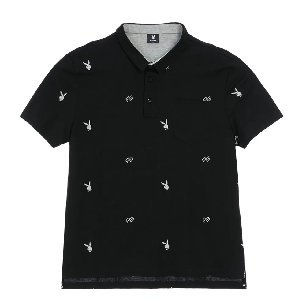 【PLAYBOY】滿版刺繡亨利領POLO衫 - 黑色