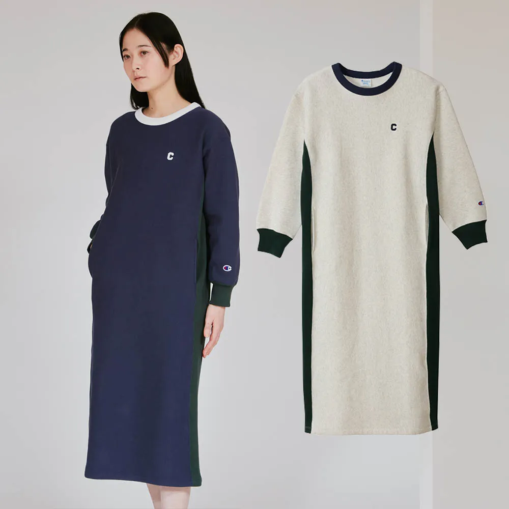 【Champion】官方直營 女款-CASUAL 寬版小C刺繡拼接長袖洋裝-2色 (CW-C005 日規)