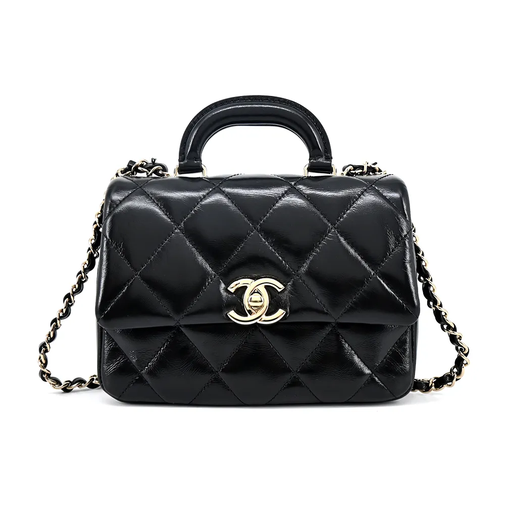 【CHANEL 香奈兒】經典LOGO菱格紋小羊皮迷你翻蓋手提/斜背包(黑色)