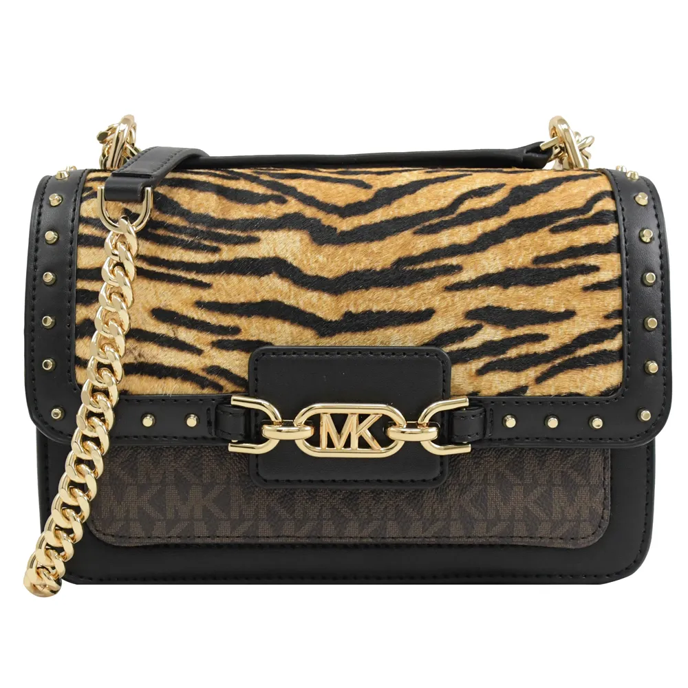 【Michael Kors】金屬MK LOGO鉚釘虎紋翻蓋肩斜三用鍊包學院包(深咖)