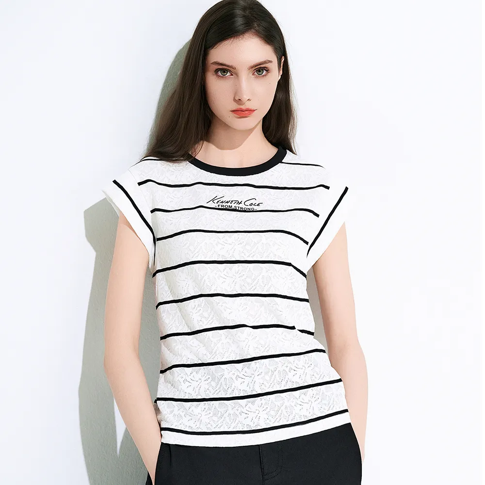 【TOWN’WEAR 棠葳】氣質蕾絲條紋落肩上衣(女上衣/女上著/連袖/休閒/裝飾/涼感)