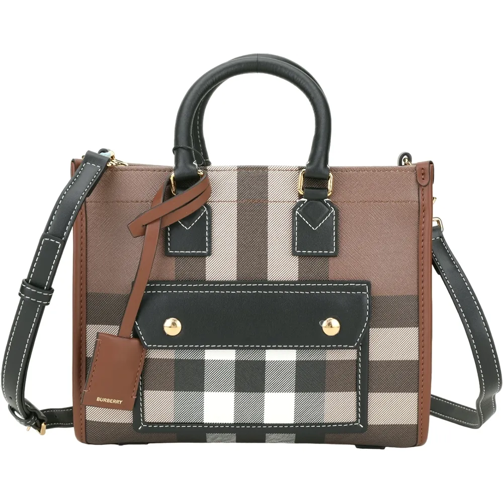 【BURBERRY 巴寶莉】Freya 迷你款 格紋帆布拼接小牛皮肩背托特包(深樺木棕)