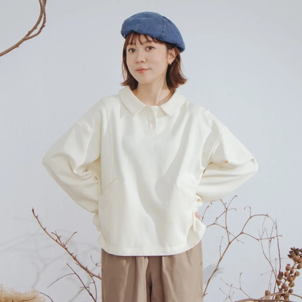 【MOSS CLUB】落肩翻領長袖上衣 米 桔